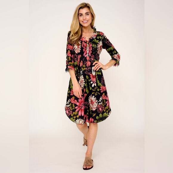 At Last… Annabel Cotton Kaftan Tunic Dress In Black Floral Size UK 8 US 4 - Picture 1 of 11